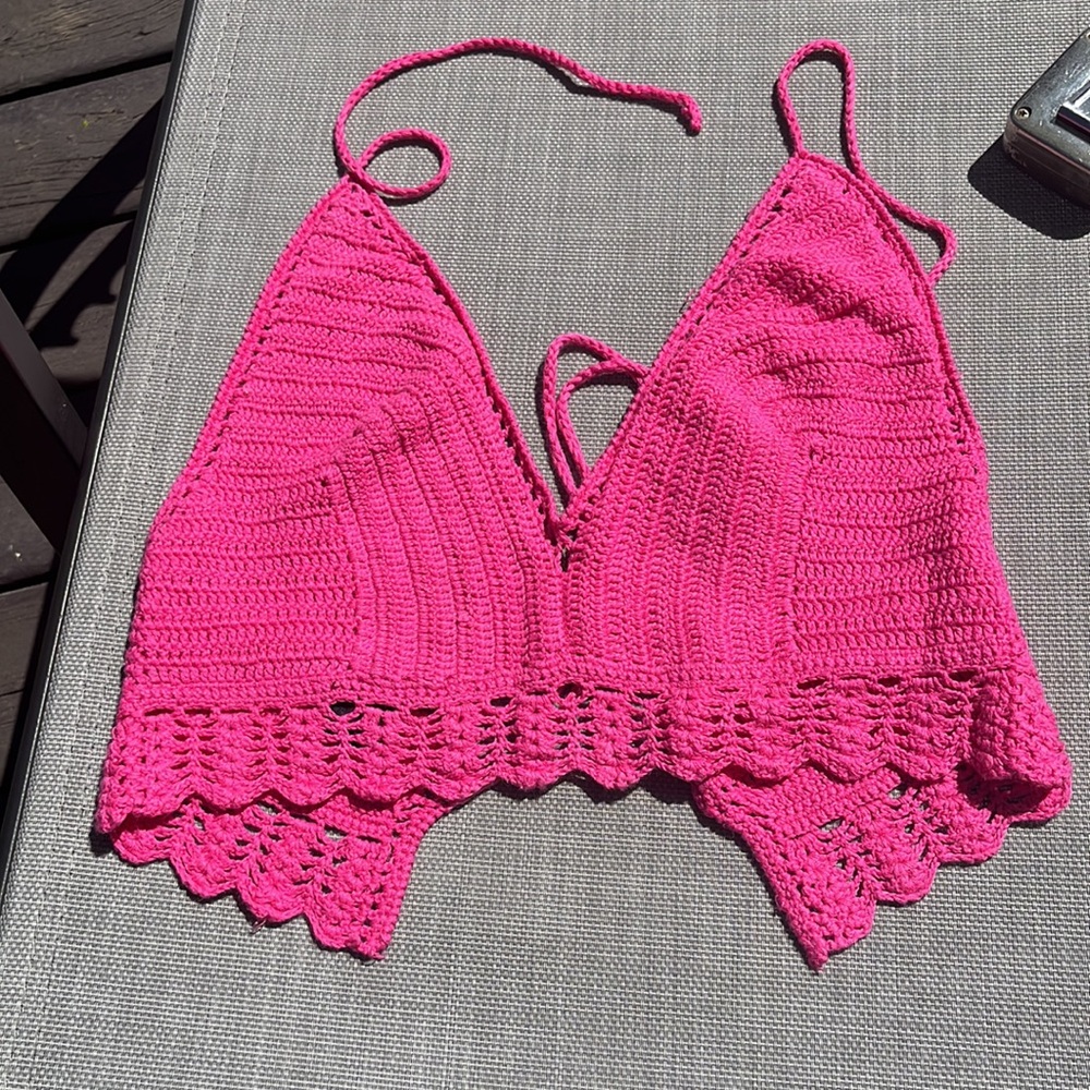 Pink Crochet Halter Crop Top